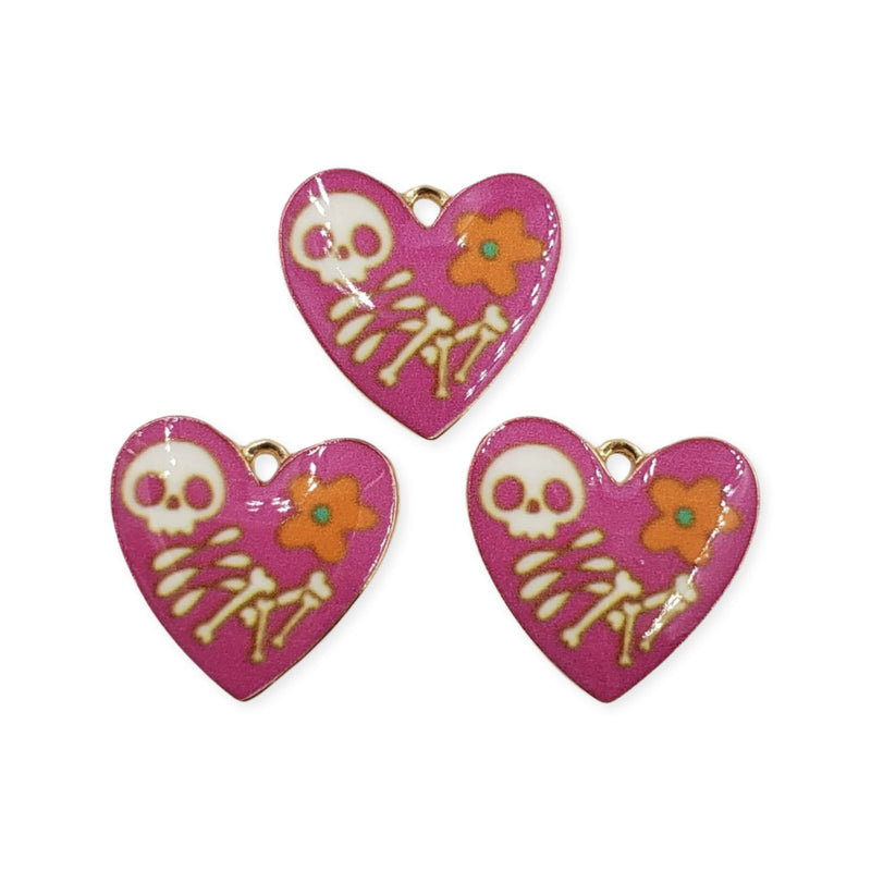 Dije Corazón Rosa Calavera y Flor Dije - Accesorios Rubi